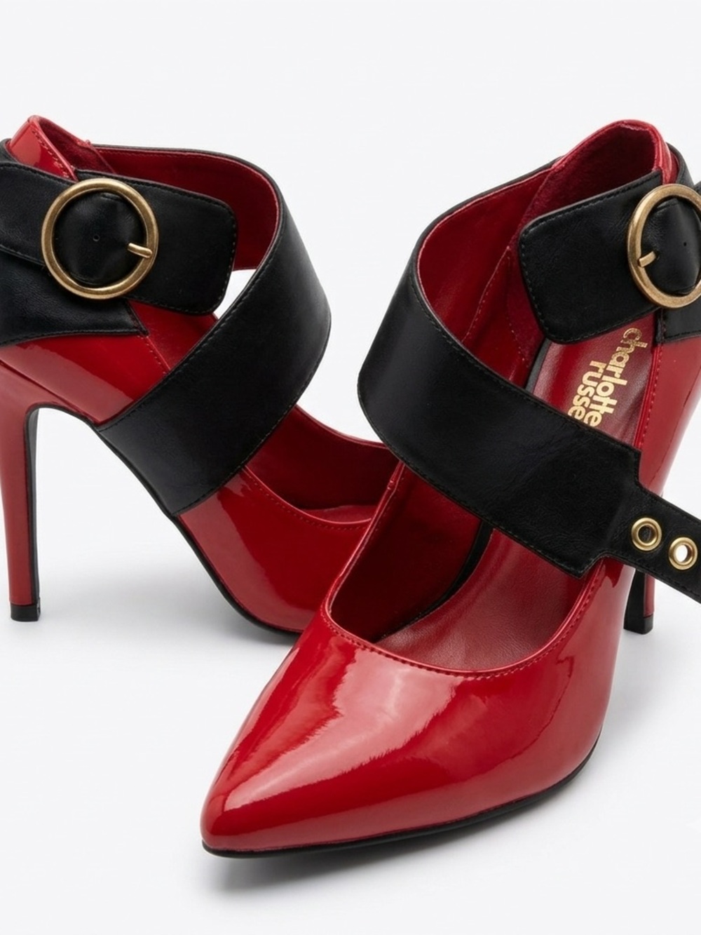 Charlotte Russe Red Patent & Black‎ Leather Wide Strap Buckle Heels Pumps Size 8